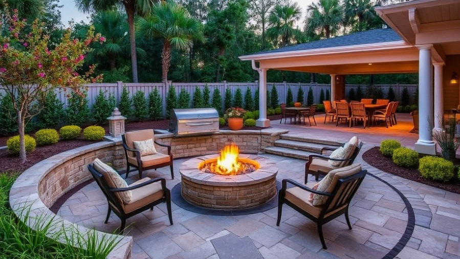 Luxury outdoor living spaces with an outdoor fire pit installation in a Tampa backyard patio.