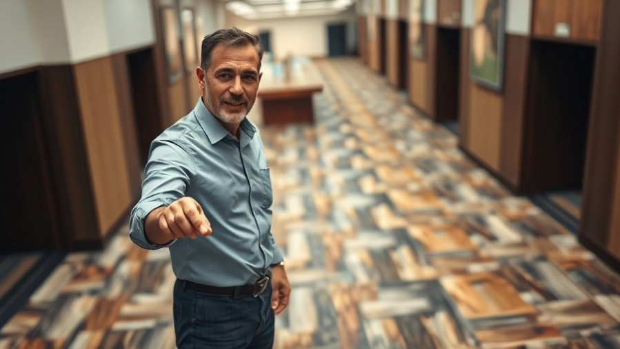 Man discussing hidden fees flooring in a photorealistic indoor setting.