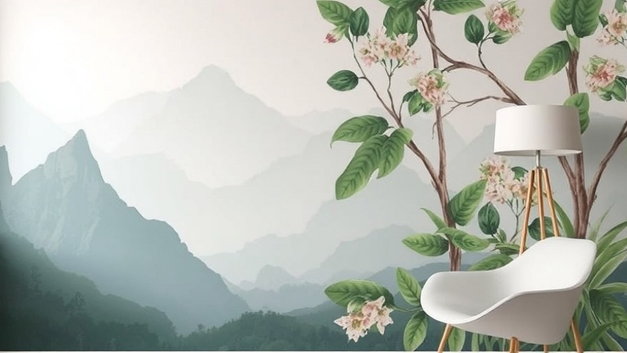 Modern kitchen interior design featuring botanical wallpaper and geometric decor.