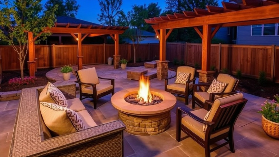 Stylish luxury outdoor living spaces with fire pits and rustic furniture.