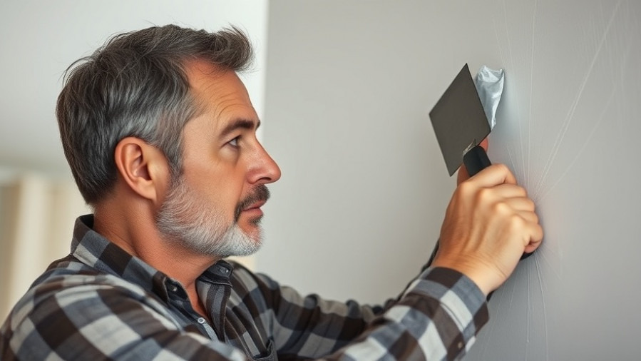 Middle-aged man using trowel for DIY home repairs in indoor setting.