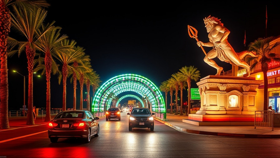 Illuminated Virginia Beach boardwalk night scene with vibrant colors, ideal for family activities.