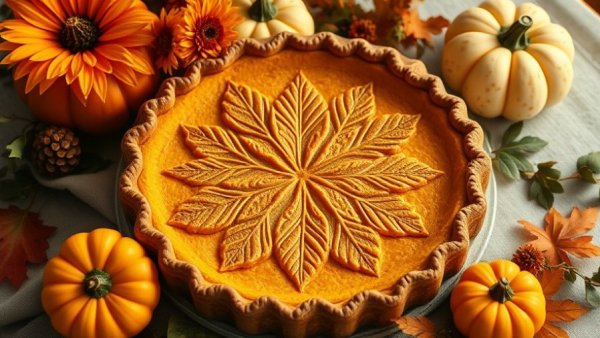 Thanksgiving crafts recipes and tips: pumpkin pie with autumn decor.