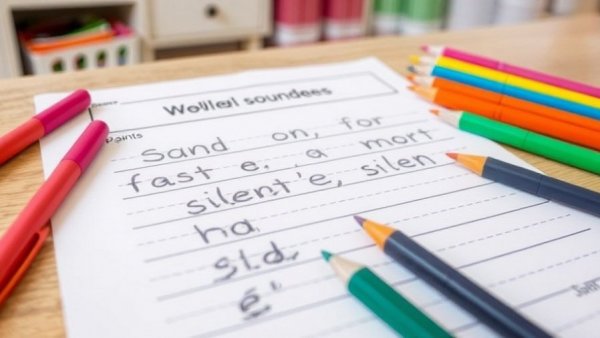 Homeschooling activity teaching vowel sounds with colorful pens.