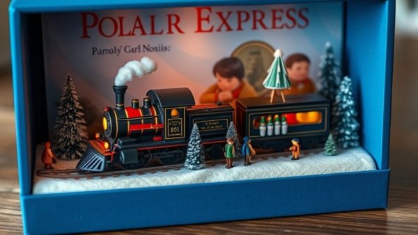 Charming Polar Express Diorama with train and figures in a blue box.