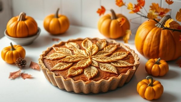 Thanksgiving-themed pumpkin pie with autumn leaves decor.