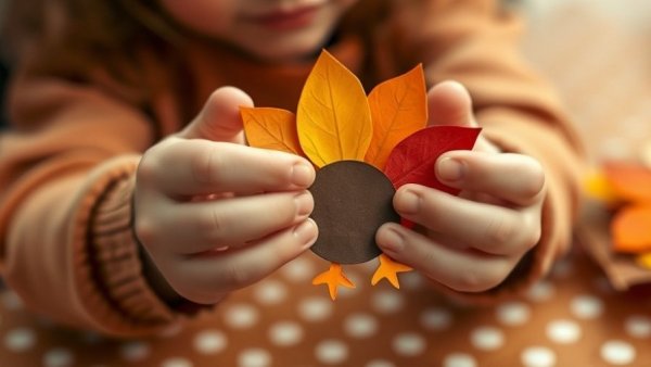 Child holding Thanksgiving printable craft with glue stick