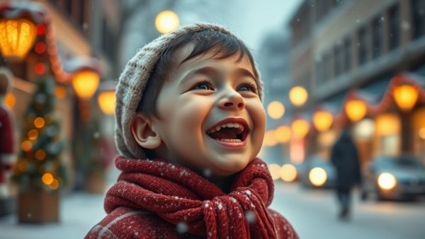 Joyful child singing carols in snow, holiday learning A Christmas Carol.