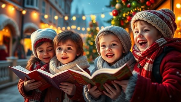 Children caroling in festive snow, warm holiday ambiance.