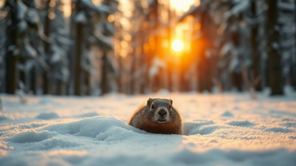 Curious groundhog in snowy forest at sunrise for Groundhog Day Learning Activities.