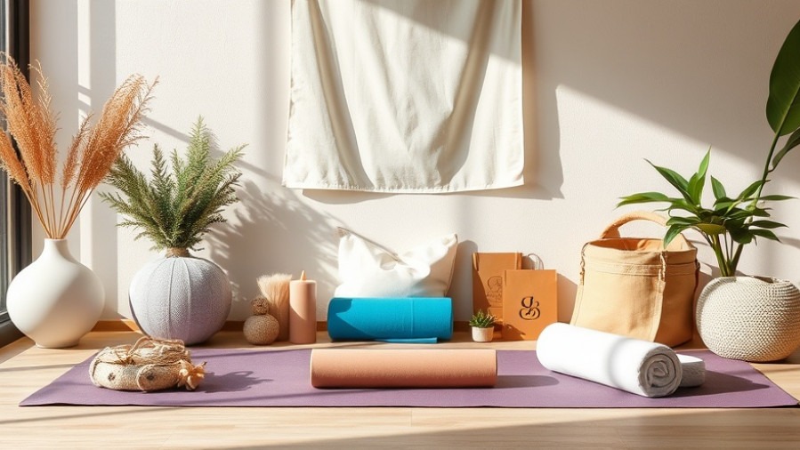 Yoga gear discounts on mats and fitness equipment in a serene setting.