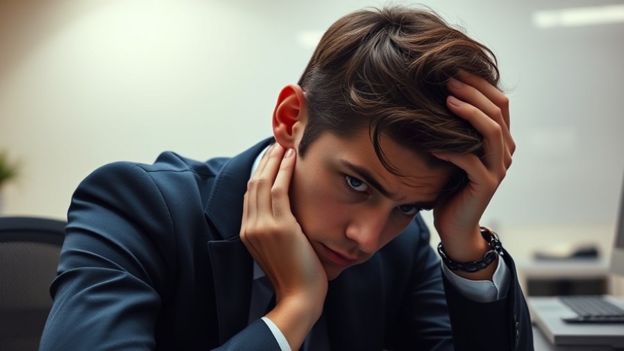 Young man showing emotional wellness concerns at an office desk.