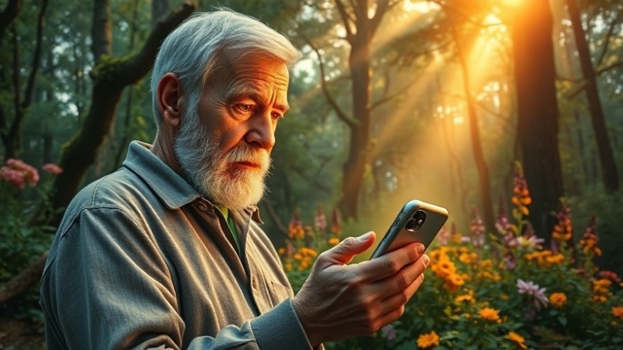 Serene older man enjoying mental wellness, gazing at a glowing phone in a lush forest.