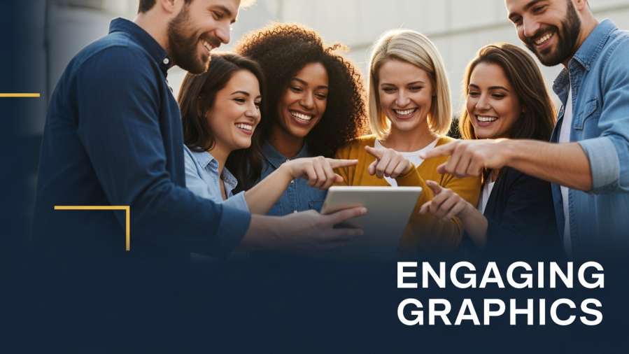 Diverse church members engaging with a digital tablet for church graphic design.