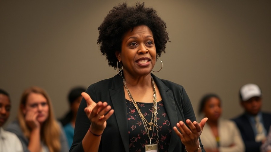 Black woman passionately presenting at a symposium on community awareness and trafficking prevention.