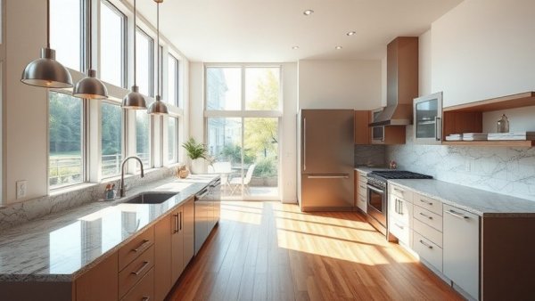 Modern kitchen with energy-efficient renovations like large windows and lighting.