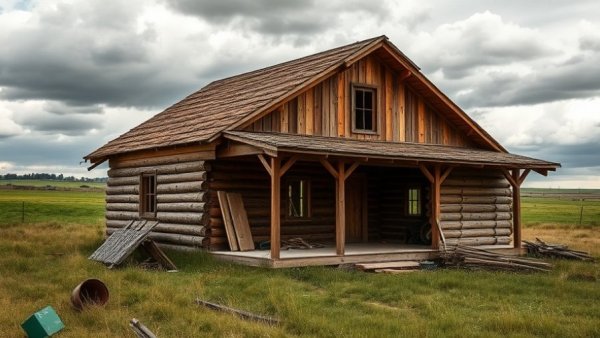Wooden house frame under construction in Manitoba, cloudy skies.