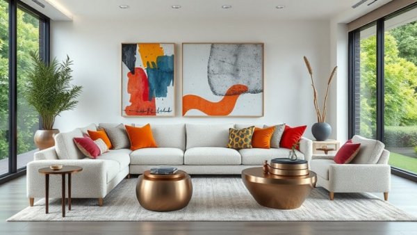 Modern living room at MHBA show homes open all winter with colorful art.