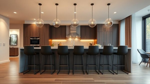 Modern kitchen with bar stools and pendant lights during Fall Parade of Homes.
