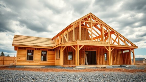 Building a new home's wooden structure on a cloudy day.