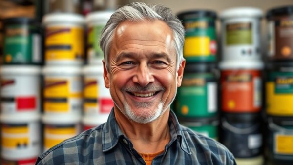 Middle-aged man smiling in front of renovation supplies; Curtis Breslaw home renovations.