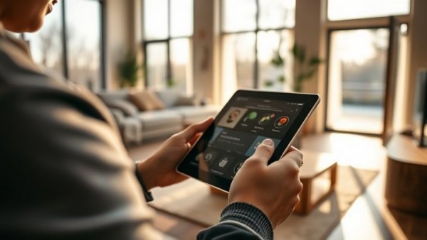 Smart home tablet in modern living room, home renovation trends 2025.