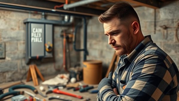 Technician changing a furnace filter in a basement.