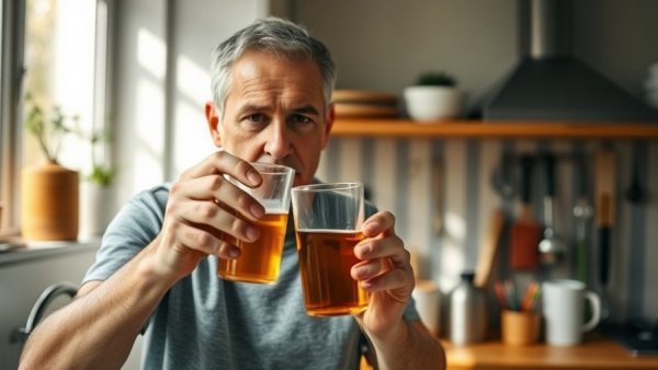 Man in kitchen examining brown water in glass in Winnipeg.
