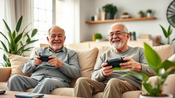 Elderly couple playing video games in a stylish living room, renovating for aging in place.