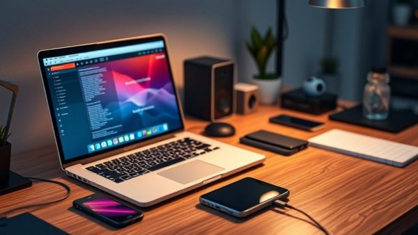 Phantom Energy Usage in modern workspace with laptop and charging devices.