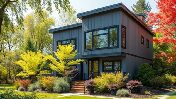 Modern home with energy-efficient features in green setting, renovating your home for energy efficiency.