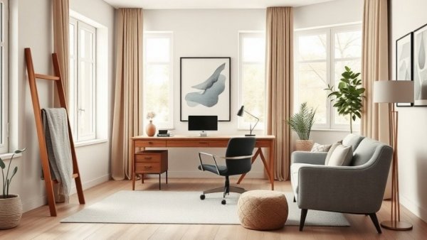 Stylish functional home office sanctuary with modern decor.