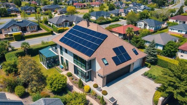 Aerial view showing net zero renovations Canada house with solar panels.