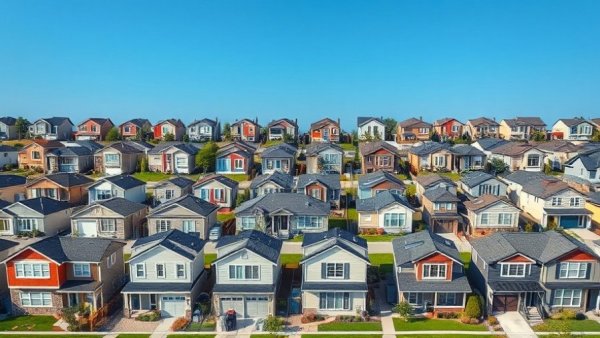 Modern suburban homes under clear blue sky emphasizing energy efficiency for low-income homeowners.