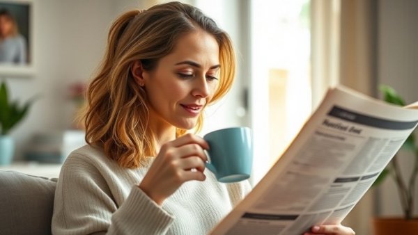 Woman reading newspaper drinking coffee in a sunlit home, Energy Bill Savings for Homeowners.