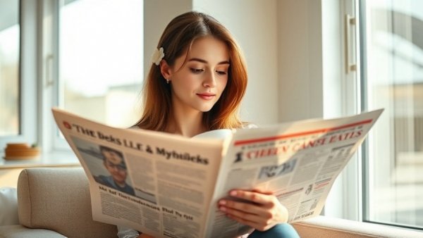 Woman reading newspaper, drinking coffee, morning scene.