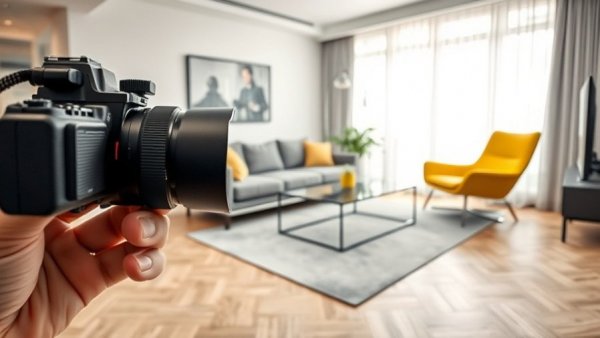 Camera capturing stylish living room for before-and-after visuals in renovation marketing.