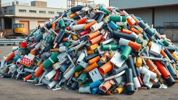 Construction plastic waste piled in industrial area.