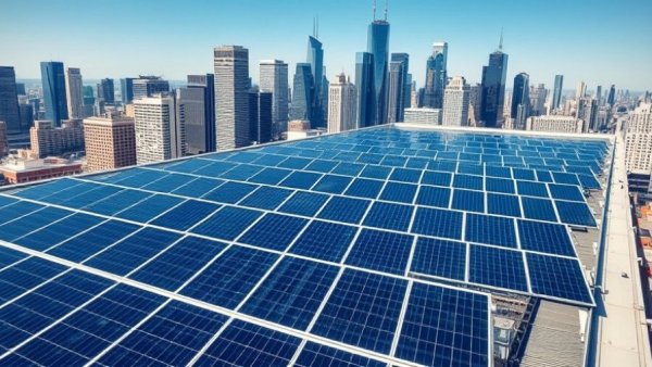 Rooftop solar panels with skyscrapers in Canada 2026, urban scene.