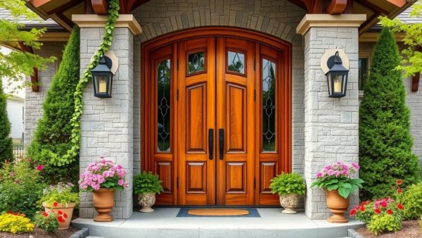 Charming front door with stone pillars and greenery, Choosing the Right Front Door.