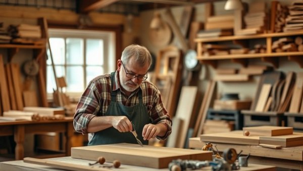 Artisan crafting sustainable furniture by hand in a workshop.