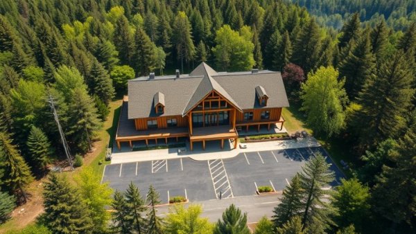 Aerial view of mass timber construction building with parking lot and trees.