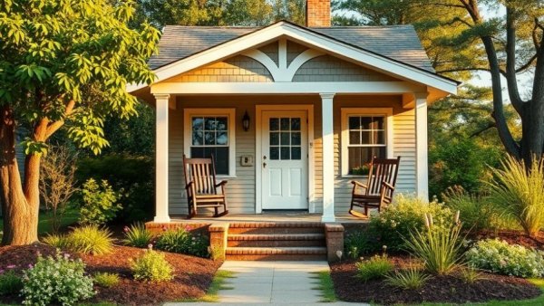 Charming factory-built home with cozy porch and garden.
