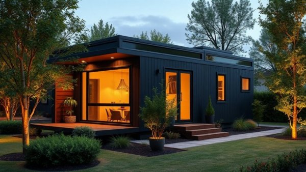Modern modular tiny home in Ontario surrounded by garden at dusk.