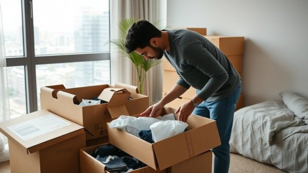 Person reducing waste during a home move by organizing belongings.