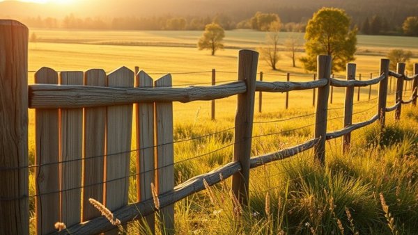 Rustic sustainable wood fencing in a sunlit meadow with wildflowers