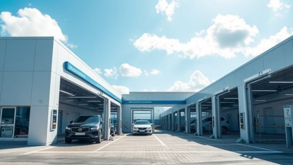 Modern commercial car wash facility under blue sky.