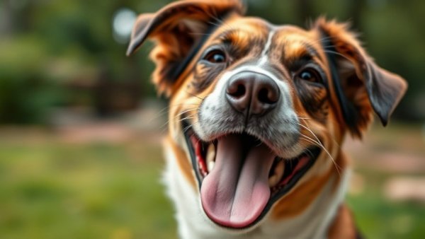Close-up of a happy dog with tongue out expressing joy.