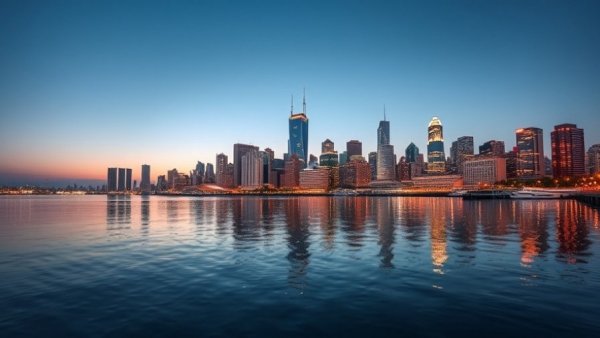 BC Housing DASH Construction Model city skyline reflecting on water.