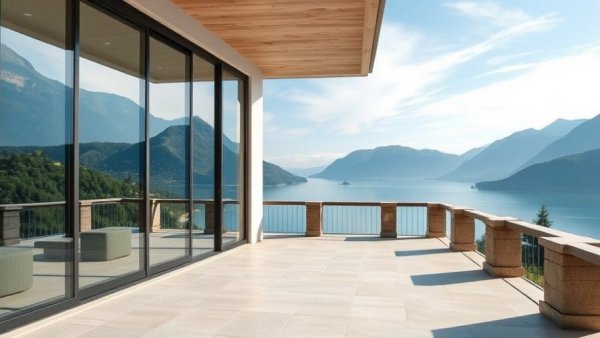 Modern glass sliding doors showcasing energy efficiency with mountain view.